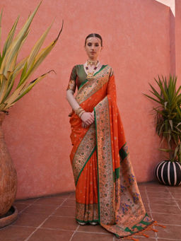 Mysilklove - Flame Dark Orange And Green Zari Woven Paithani Saree without Blouse