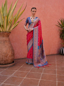 Mysilklove - Cardinal Red And Blue Zari Woven Paithani Saree without Blouse