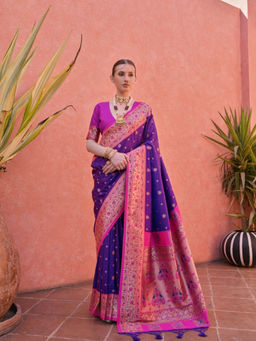 Mysilklove - Daisy Bush Purple And Pink Zari Woven Paithani Saree without Blouse
