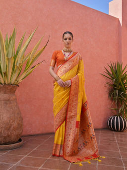 Mysilklove - Anzac Yellow And Orange Zari Woven Paithani Saree without Blouse