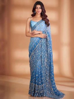 Odette - Blue Embroidered Georgette Saree with Unstitched Blouse