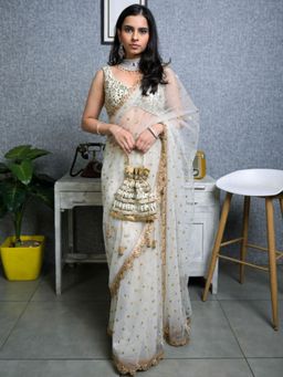 Odette - White Embroidered Net Saree with Unstitched Blouse