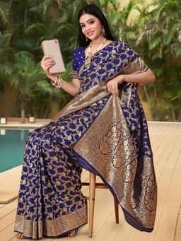Odette - Navy Blue Woven Banarasi Silk Saree with Unstitched Blouse