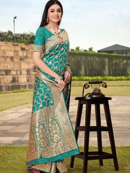 Odette - Teal Woven Banarasi Silk Saree with Unstitched Blouse