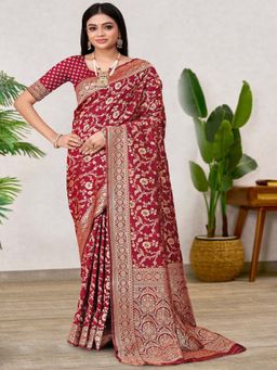 Odette - Red Woven Banarasi Silk Saree with Unstitched Blouse