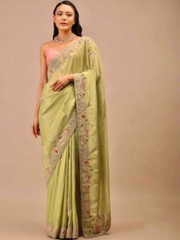 Odette - Light Green Embroidered Chiffon Silk Saree with Unstitched Blouse
