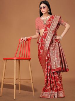 Odette - Red Woven Banarasi Silk Saree with Unstitched Blouse