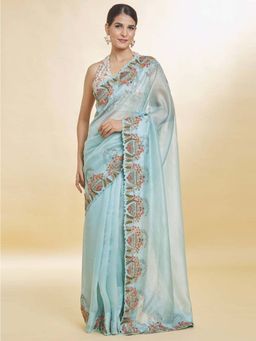 Odette - Sky Blue Embroidered Organza Saree with Unstitched Blouse