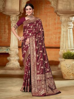 Odette - Maroon Woven Banarasi Silk Saree with Unstitched Blouse