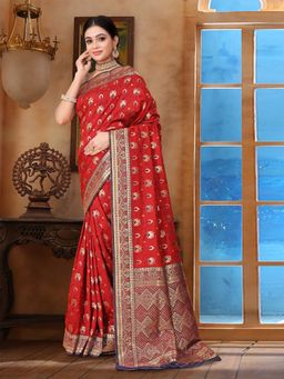 Odette - Red Woven Banarasi Silk Saree with Unstitched Blouse