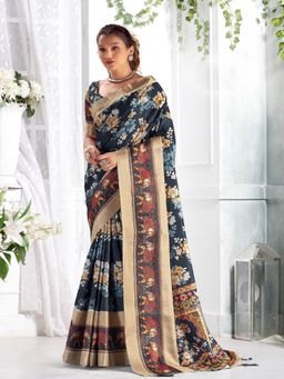 Stylum - Women's Navy Floral Printed Giza Silk Bantac Digital Border Saree with Unstitched Blouse