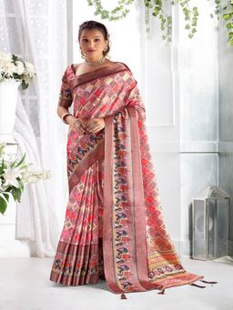 Stylum - Women's Rust Floral Printed Giza Silk Bantac Digital Border Saree with Unstitched Blouse