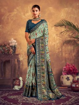 Stylum - Women's Blue Paisley Printed Zari Border Dola Silk Saree with Unstitched Blouse