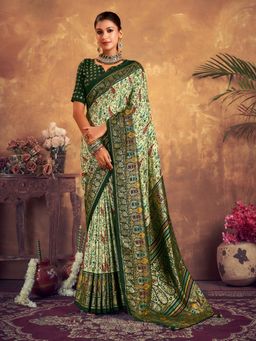Stylum - Women's Green Paisley Printed Zari Border Dola Silk Saree with Unstitched Blouse