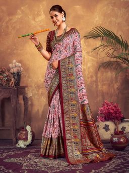 Stylum - Women's Maroon Paisley Printed Zari Border Dola Silk Saree with Unstitched Blouse