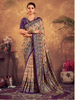 Stylum - Women's Purple Paisley Printed Zari Border Dola Silk Saree with Unstitched Blouse