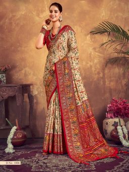 Stylum - Women's Red Paisley Printed Zari Border Dola Silk Saree with Unstitched Blouse