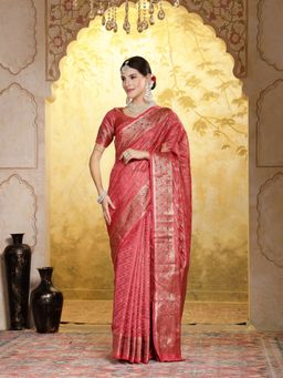 Stylum - Women's Pink Woven Zari Border Organza Saree with Unstitched Blouse