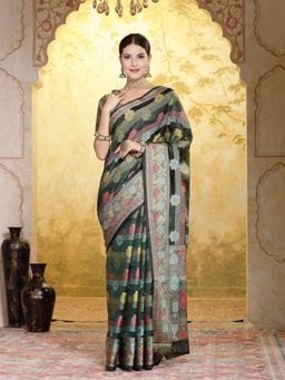 Stylum - Women's Bottle Green Ethnic Motifs Zari Border Organza Saree with Unstitched Blouse