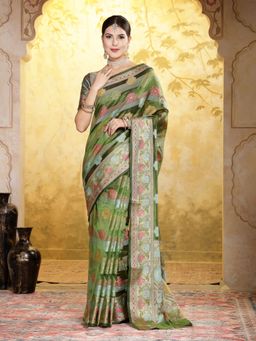 Stylum - Women's Mehendi Green Ethnic Motifs Zari Border Organza Saree with Unstitched Blouse