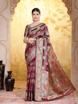 Stylum - Women's Wine Ethnic Motifs Zari Border Organza Saree with Unstitched Blouse
