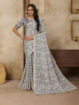 Stylum - Women's Pastel Grey Printed Zari Border Linen Saree with Unstitched Blouse