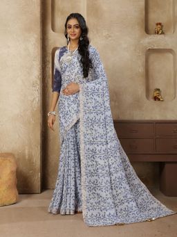 Stylum - Women's Pastel Navy Printed Zari Border Linen Saree with Unstitched Blouse