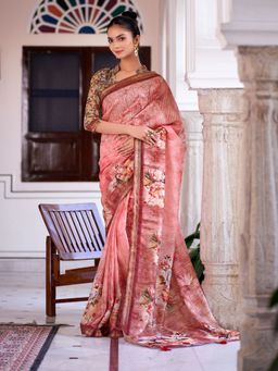 Stylum - Women's Peach Digital Print Zari Border Linen Saree with Unstitched Blouse