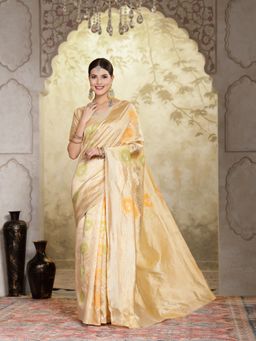 Stylum - Women's Beige Floral Woven Zari Border Organza Saree with Unstitched Blouse