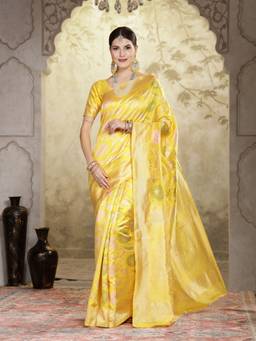Stylum - Women's Yellow Floral Woven Zari Border Organza Saree with Unstitched Blouse