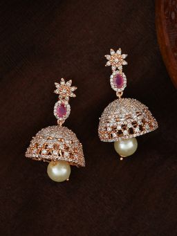 Estele - Rose Gold Plated CZ Designer Jaliwala Jhumka Earrings Ruby Crystals for Women