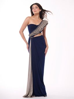 S&N by Shantnu Nikhil - Emerald Navy Blue One-Shoulder Ruffle Drape Dress