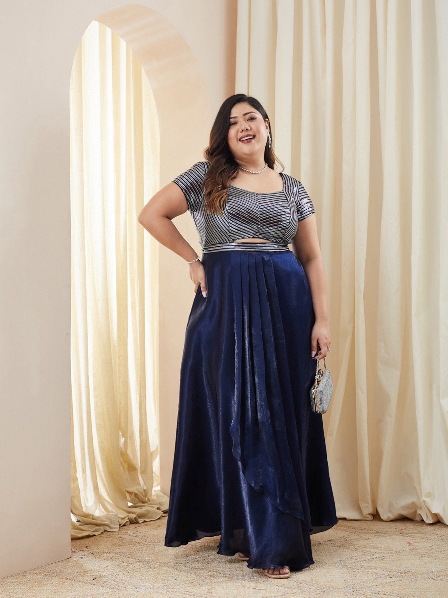 miss chase Navy Blue Satin Embellished Gown-picture-38