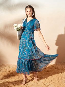 Miss Chase - Teal Chiffon Floral Dress