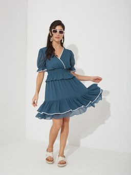 Miss Chase - Blue Chiffon Self Design Dress