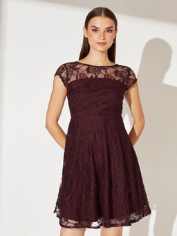 Miss Chase - Wine Polyester Self Design Dress