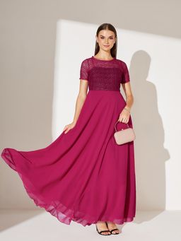 Miss Chase - Pink Georgette Self Design Dress