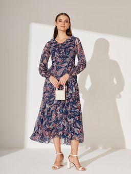Miss Chase - Navy Blue Chiffon Printed Dress