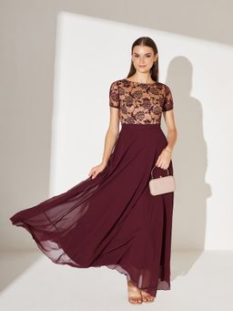 Miss Chase - Wine Georgette Embroidered Dress