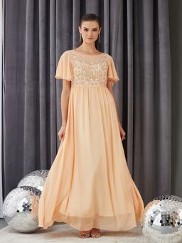 Miss Chase - Peach Georgette Embroidered Dress