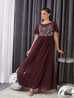 Miss Chase - Wine Georgette Embroidered Dress