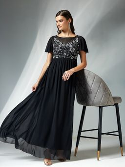 Miss Chase - Black Georgette Embroidered Dress