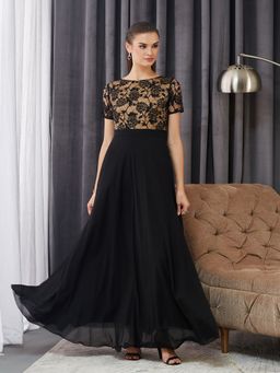 Miss Chase - Black Georgette Self Design Dress