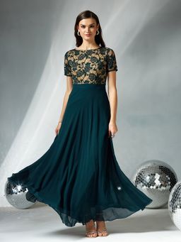 Miss Chase - Teal Georgette Self Design Dress