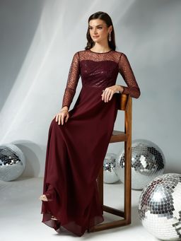 Miss Chase - Wine Georgette Embellished Gown