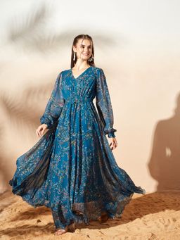 Miss Chase - Blue Chiffon Floral Dress