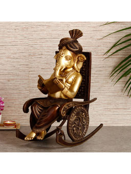 eCraftIndia - Lord Ganesha Reading Book And Sitting On Rocking Chair Handcrafted Brass Figurine