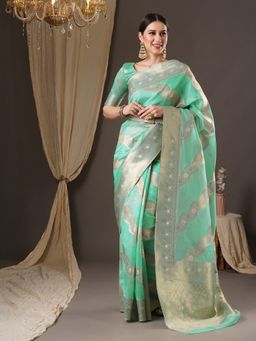 Akhilam - Womens Organza Sea Green Woven Design Saree with Unstitched Blouse