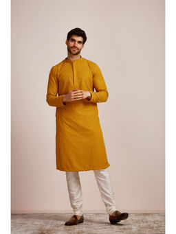 Manyavar - Mustard Blended Cotton Embroidery Kurta Pencil Pyjama Set (Set of 2)