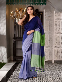 CHARUKRITI - Navy Blue Cotton Handwoven Saree With Pompom with Unstitched Blouse Piece